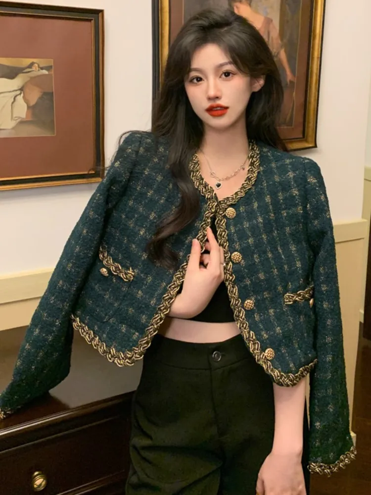 

Women Vintage Long Sleeve Short Coat 2023 French Plaid Lady Elegant Green Overcoat Fashion New O-neck Spring Jacket With Pocket