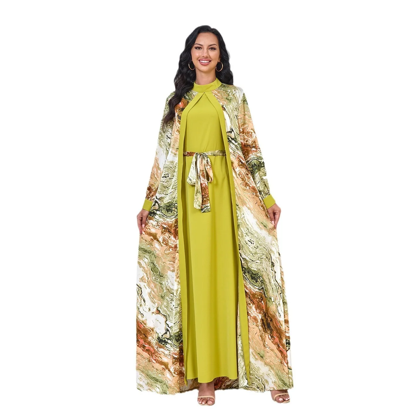 MT200 Muslim clothing new printed cardigan two-piece formal dress - Image 5