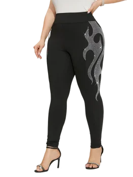 Plus Size Women's Leggings Rhinestone Flame Design Knit Fabric High Elasticity Trousers Comfortable Stylish Female Bottoms