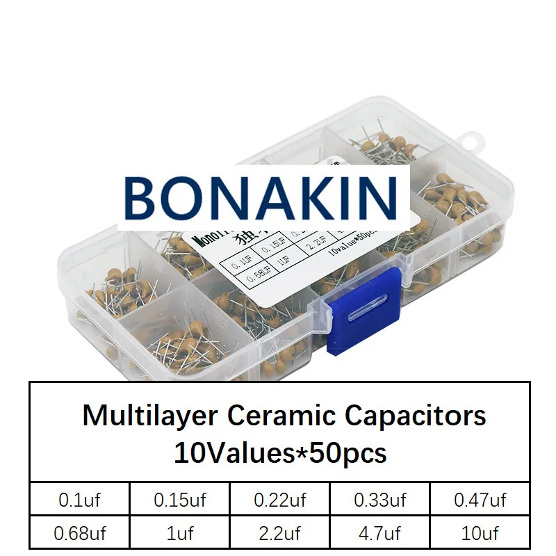 

500pcs/lot 10Values*50pcs 0.1uF-10uF(104~106) 50V Multilayer Ceramic Capacitors Assorted Kit Assortment Set with Storage Box