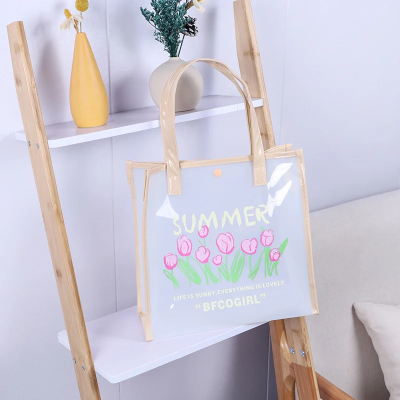 Clear Tote Bag Handbag Water-Resistant PVC Summer Bag Ladies Transparent Shopping Bags Swimming Bag Daily Bag with Button