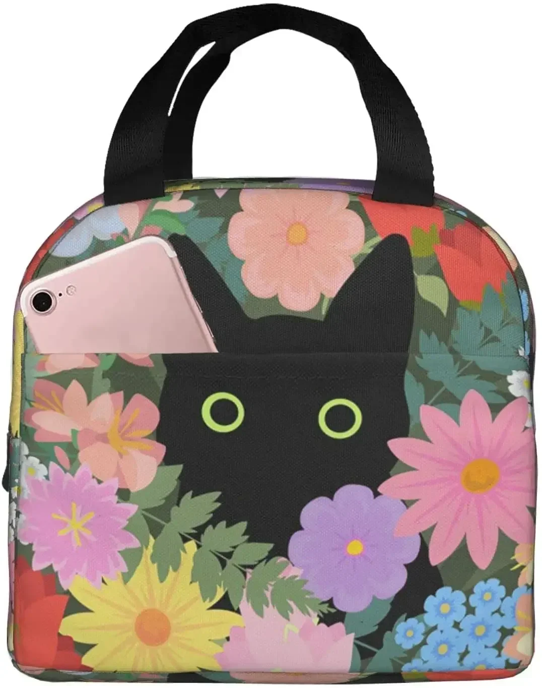 

Cute Cat Colorful Flower Print Lunch Bags for Women Boy Girl Reusable Insulated Lunch Box Suitable Work Picnic Beach Office