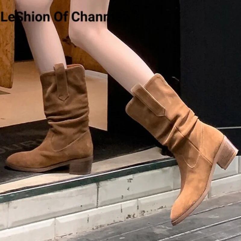 

LeShion Of Chanmeb Women Cow Suede Western Mid-Calf Boots Medium Heel Pleated Round Toe Cowboy Boot Slip-On Cowgirl Shoes Winter