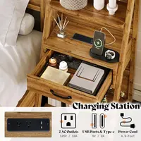 Farmhouse Style King Bed with Wide Headboard, 4-Tier Shelves, Charging Station, 2 Drawers, No Box Spring Required, Natural Oak F 5