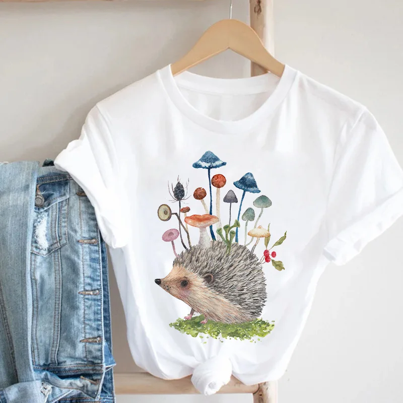 

Hedgehog Flower Print T shirts Women Summer Clothing Fashion Spring Summer Tshirt Tops Lady Graphic Clothes Female Tees T-Shirt
