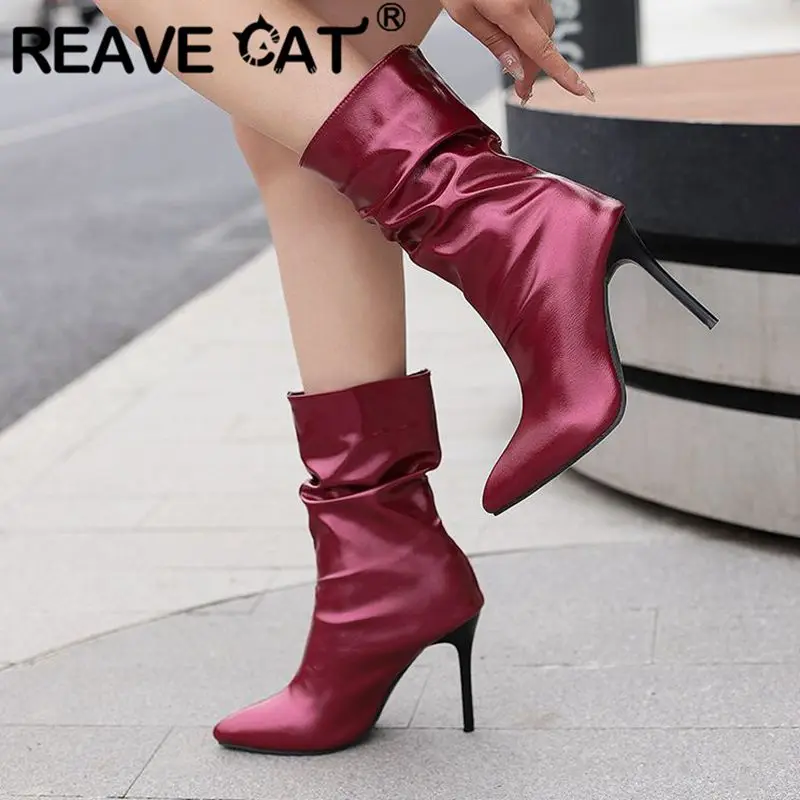 

REAVE CAT Sexy Women Ankle Boots Pointed Toe Thin High Heels 10cm Slip On Pleated Large Size 46 47 48 Fashion Party Lady Booties