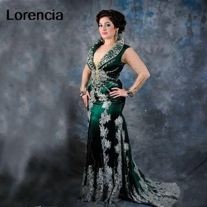 

Lorencia Aso Ebi Lace Mermaid Emerald Green Evening Dress Arabic Long Sleeve Satin Applique Beaded Formal Prom Party Gown YED02