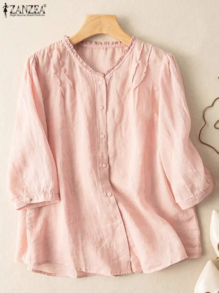 

ZANZEA Women O Neck 3/4 Sleeve Shirt Elegant Casual Buttons Down Blusas Female Loose Autumn Cotton Tops Solid Ruffles Blouse