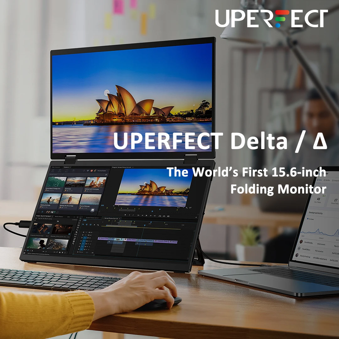 UPERFECT UStation Δ / Delta Il primo monitor pieghevole a 360° da 15,6 pollici Doppio display portatile Supporto regolabile integrato Schermo esteso VESA 1080P