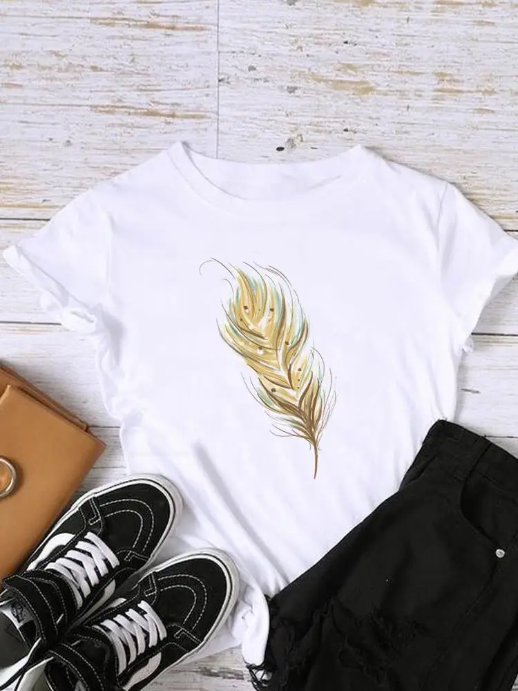 

Feather Watercolor 90s Lady Female Short Sleeve Print Fashion Women Shirt O-neck Tee Top Clothing Clothes Graphic T-shirt