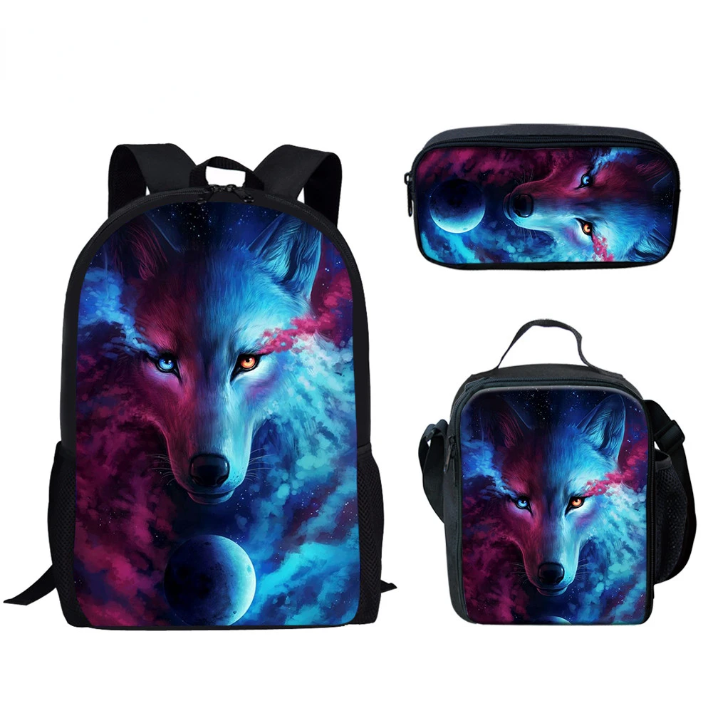 Classic Creative Popular Funny Moon Wolf 3D Print 3pcs/Set pupil School Bags Laptop Daypack Backpack Lunch bag Pencil Case