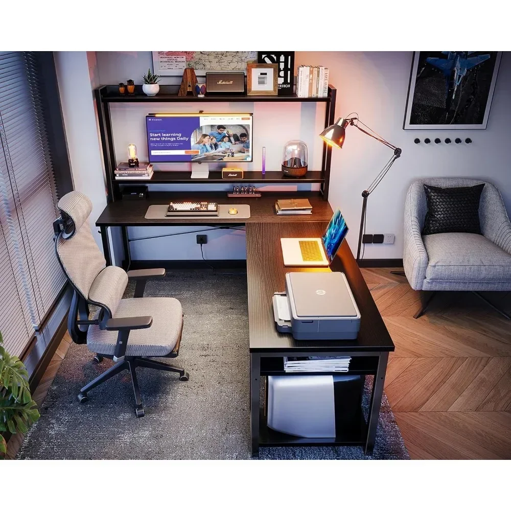 "ergonomic l-shaped desk with hutch and storage for home office, 66" corner desk with headphone stand"