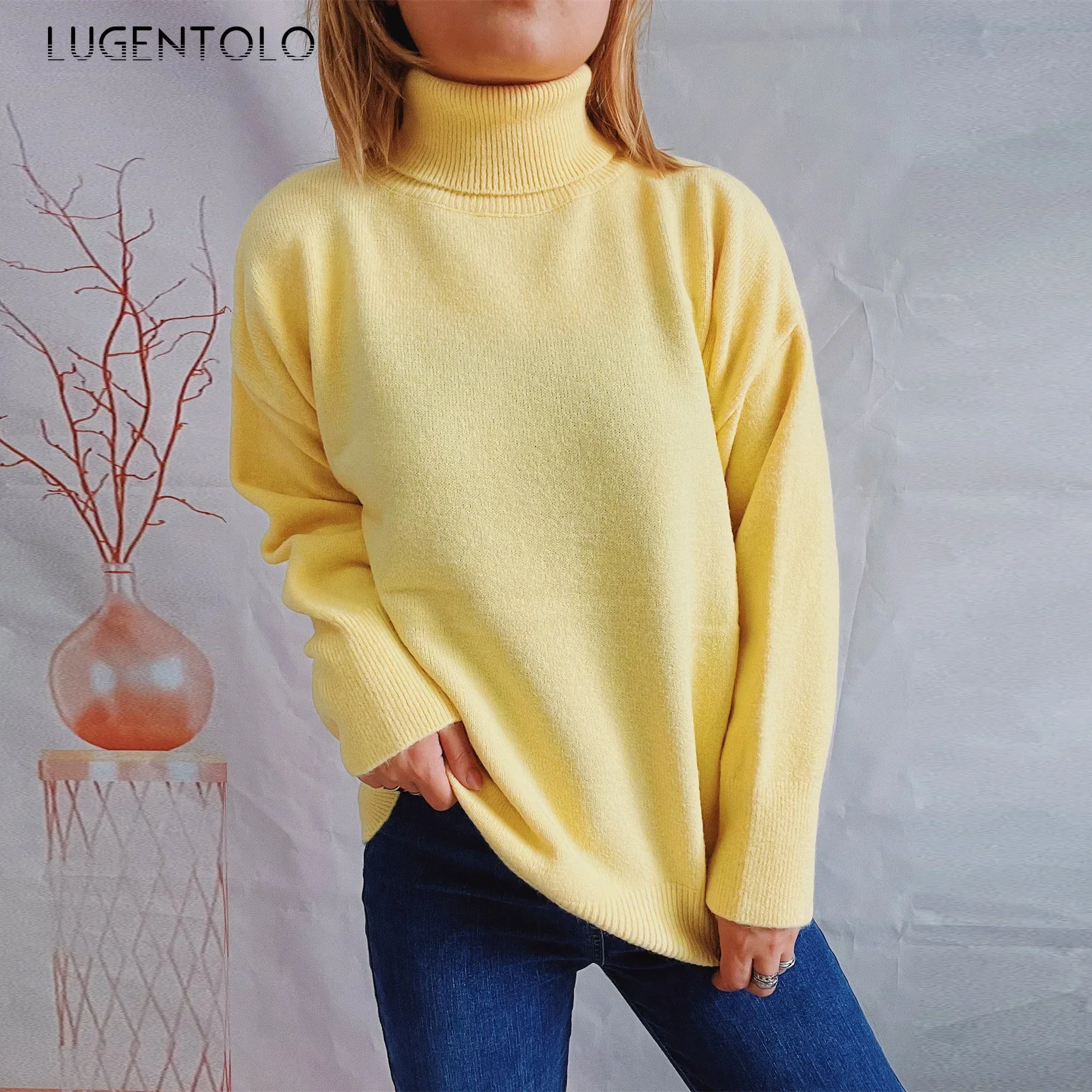 

Women Turtleneck Knit Sweaters Bottoming Long Sleeve New Autumn Winter Lady Casual Solid Simple Elegant Pullover Cloth Lugentolo