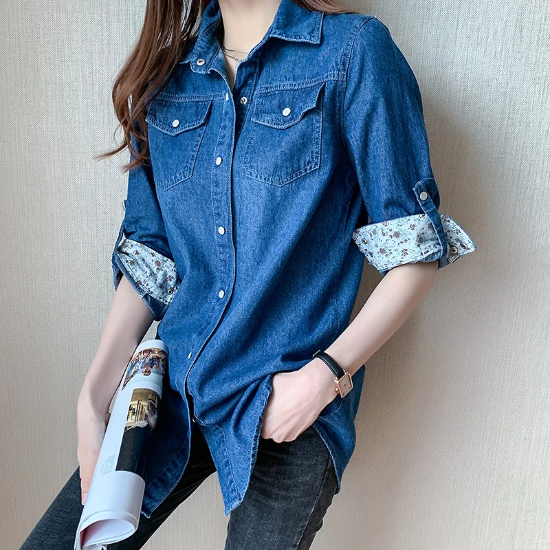 Women's Loose Denim Shirt with Long Sleeves New Spring and Autumn Thin Top Mid To Long Length Jacket and Outer Shirt 11968