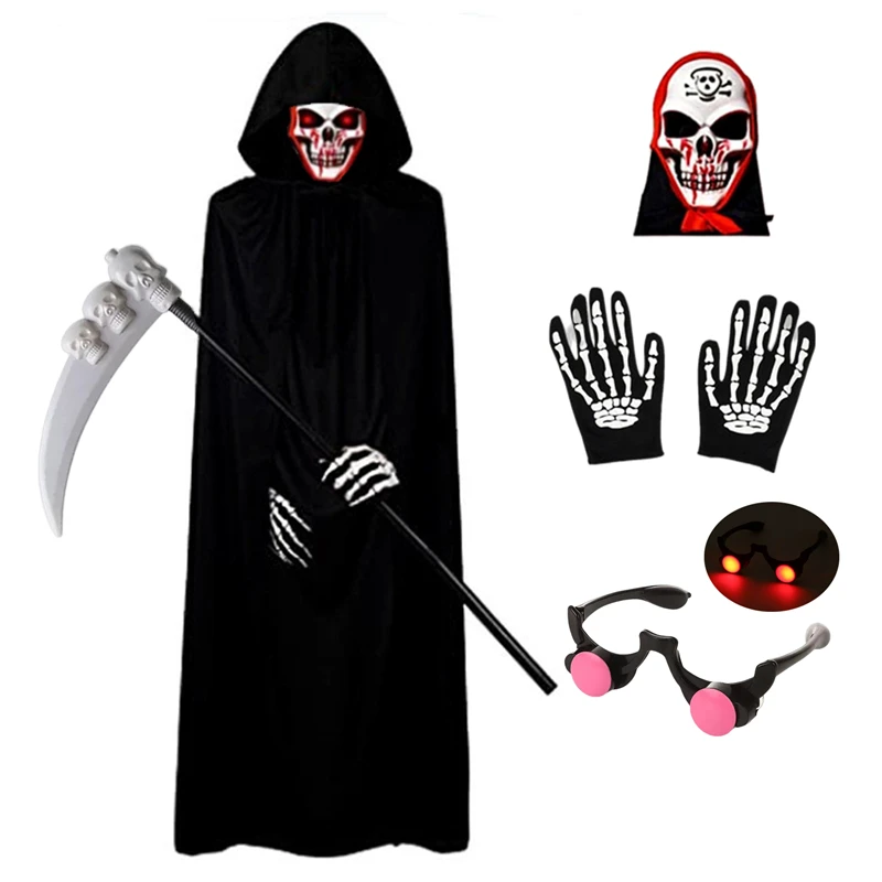 Halloween Scary Costume Grim Reaper Costume For Boys Kids With Glowing Red Eyes Gloves Mask