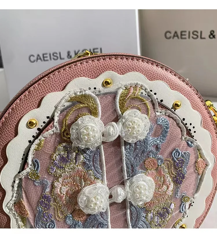 High Quality Women Fashion Lace Handbag Floral Pearl Beaded Embroidery Circular Bag Lady Purse Female Shoulder Crossbody Bag