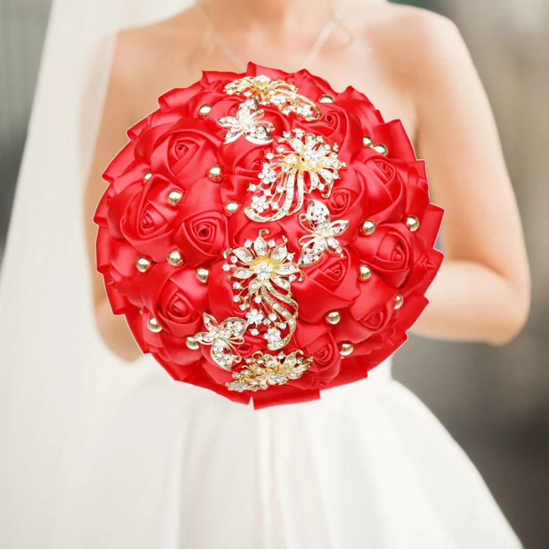 

Red Bride and Bridesmaid Hand Flowers Handmade Bridal Bouquet Wedding Party Decoration