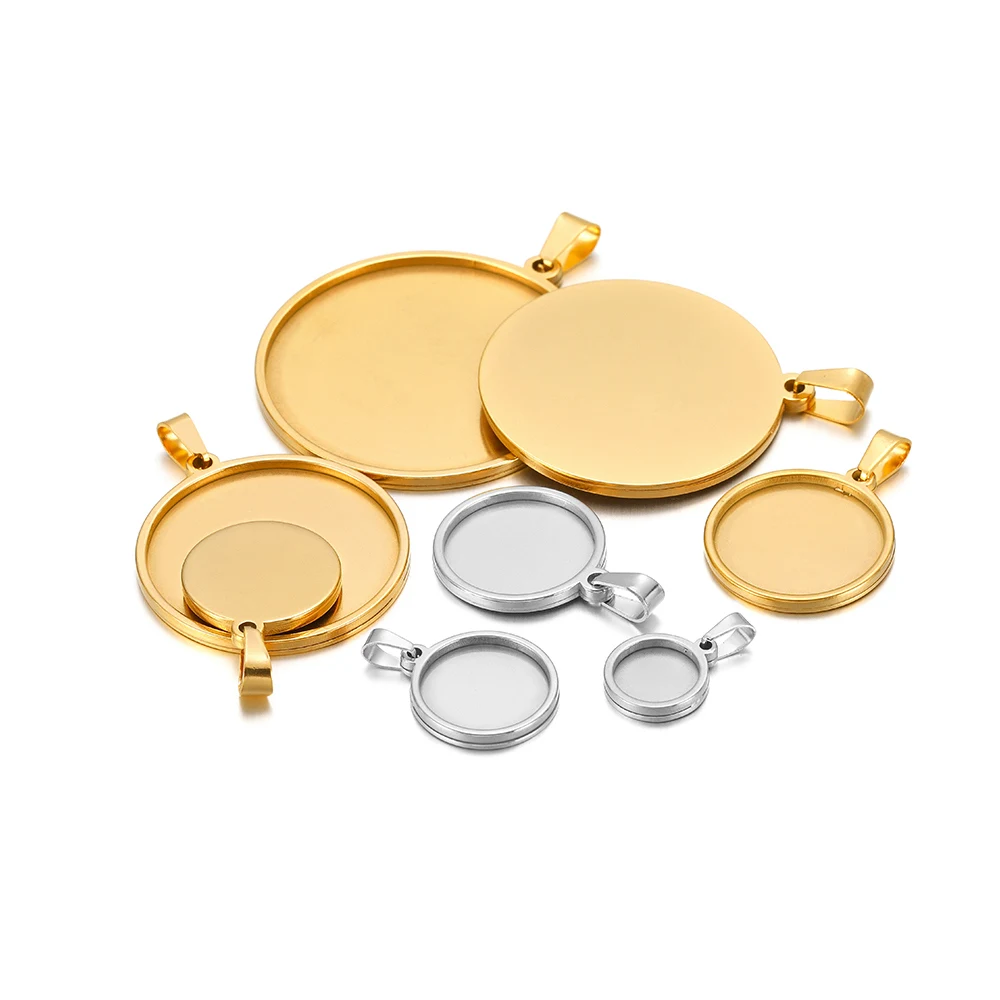 5 Stück goldfarbener Edelstahl 10–40 mm blanko Tablett Basis Anhänger Cabochon Lünette Einstellungen für DIY Halskette Zubehör Schmuckherstellung – Detail 2