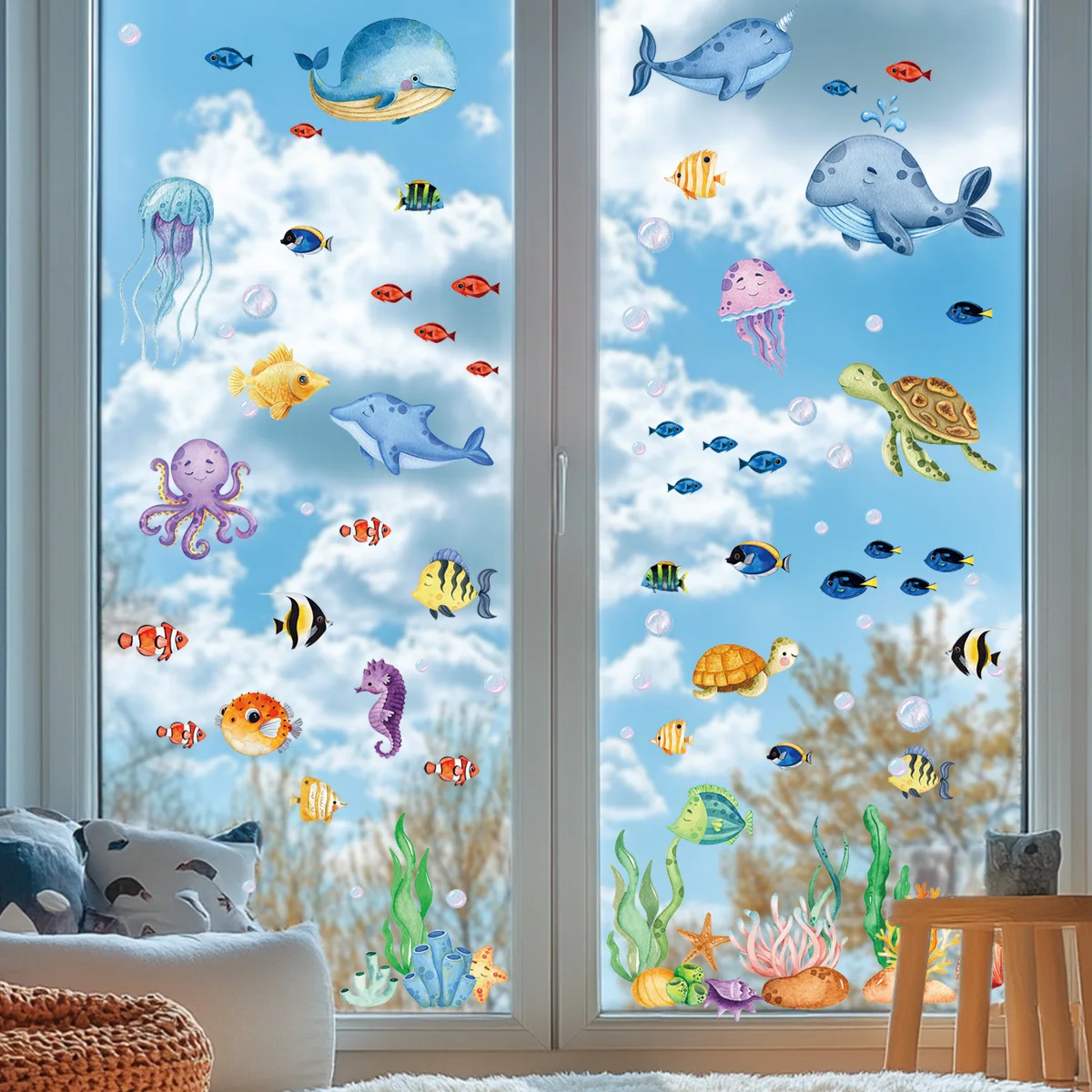 Ocean Window Stickers Under The Sea Turtle Bathroom Decor Stickers for Kids Baby Boy Girl Bedroom Nursery Living Room Classroom wall stickers toilet stickers