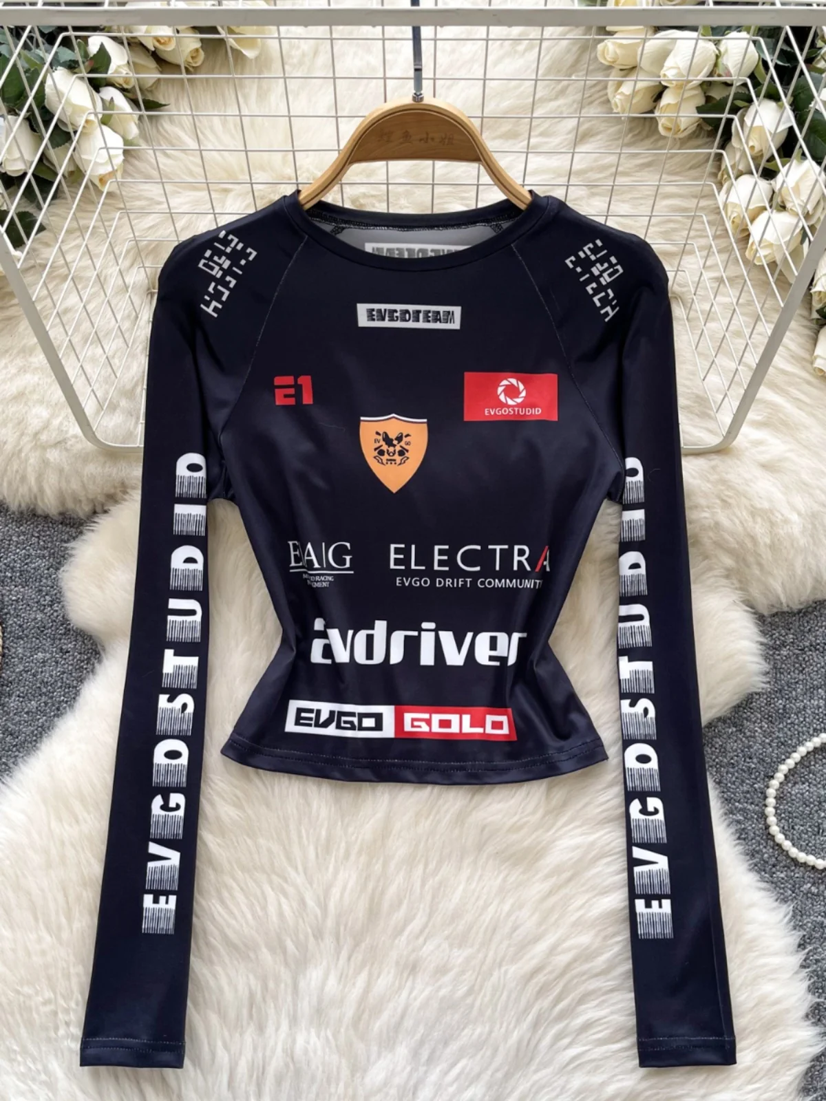 Slim Fit Long Sve Print T-irt Women's ort Sle Motorcycle Wind Pure Desire Base irt Commute Sle Korean Version