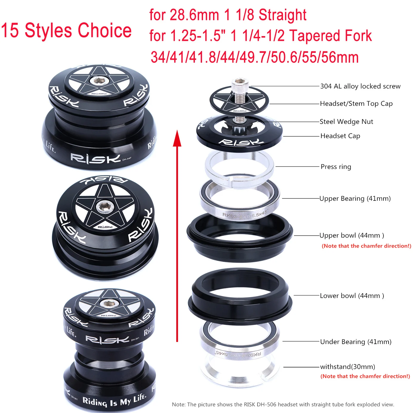 Risk Mtb Road Bicycle Headset 34Mm 44Mm Bike Headset Per 1-1/8 ''28.6Mm Forcella 44-50.6/55/56Mm Doppio Cuscinetto Auricolare Parte Bici