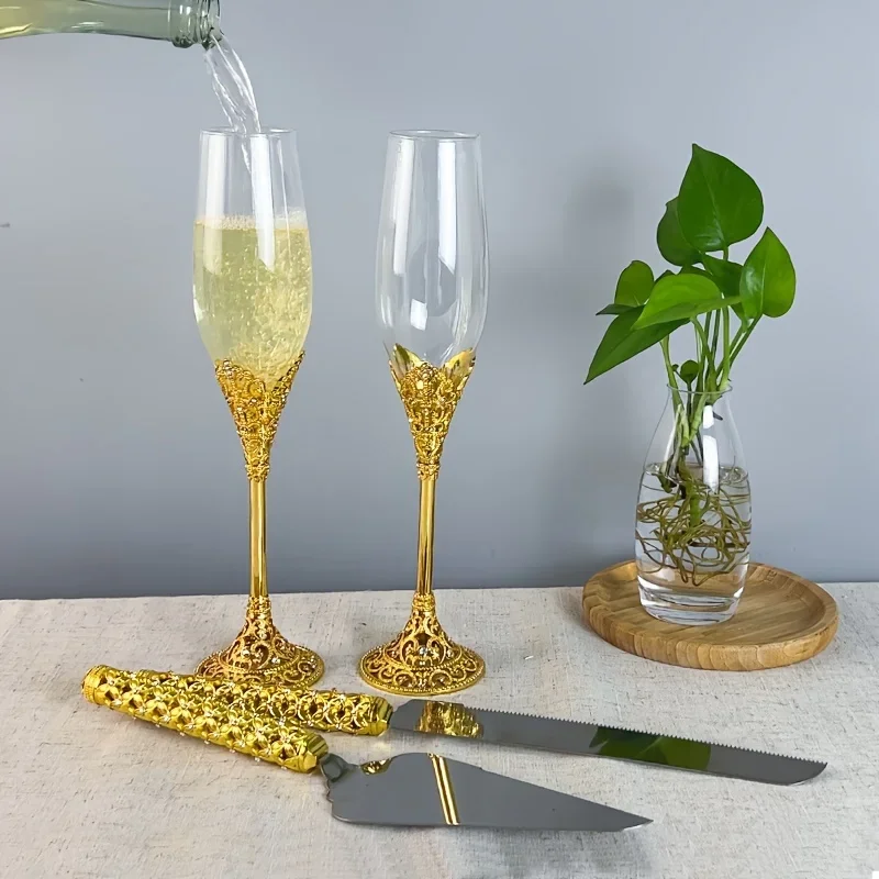 4Pcs Golden Wedding Cake Knife Glasses Server Set Crystal Rhinestone Champagne Flutes Toasting Glasses Perfect for Wedding Gifts