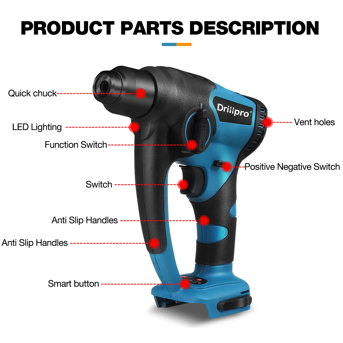 Drillpro Brushless Electric Hammer 13mm Cordless Electric Drill Concrete Demolition Hammer Rechargeable for Makita 18V Battery 3
