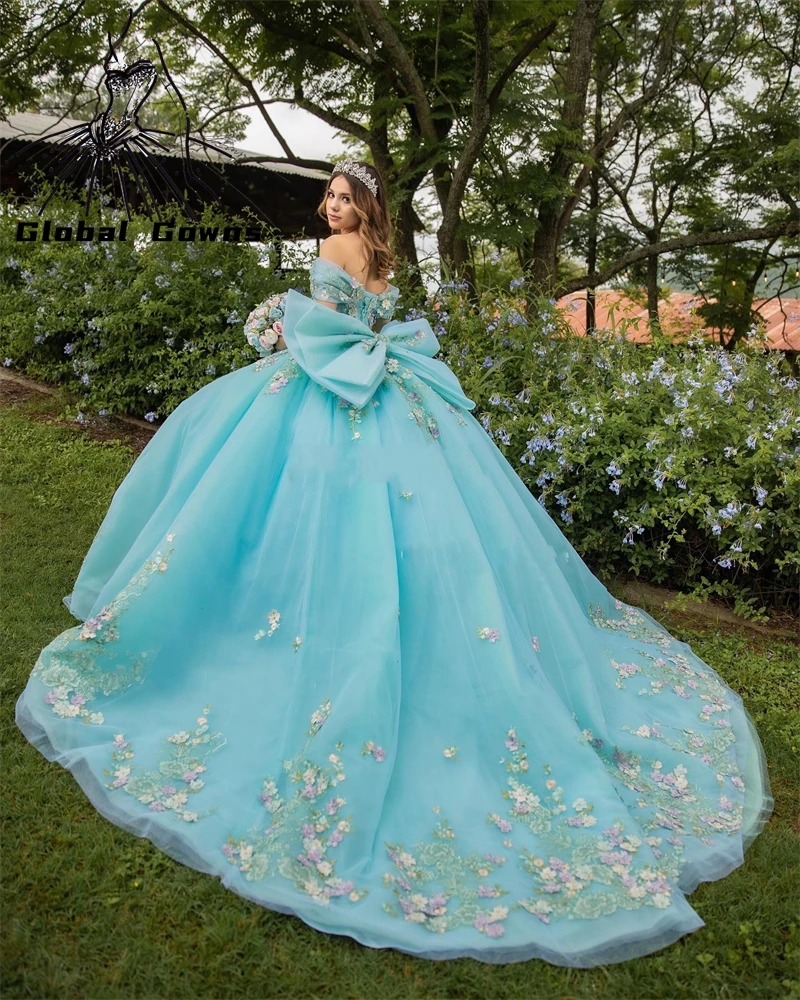 

Princess Lake Blue Off The Shoulder Ball Gown Quinceanera Dress For Girls Beaded Appliques Birthday Party Gowns Prom Dresses