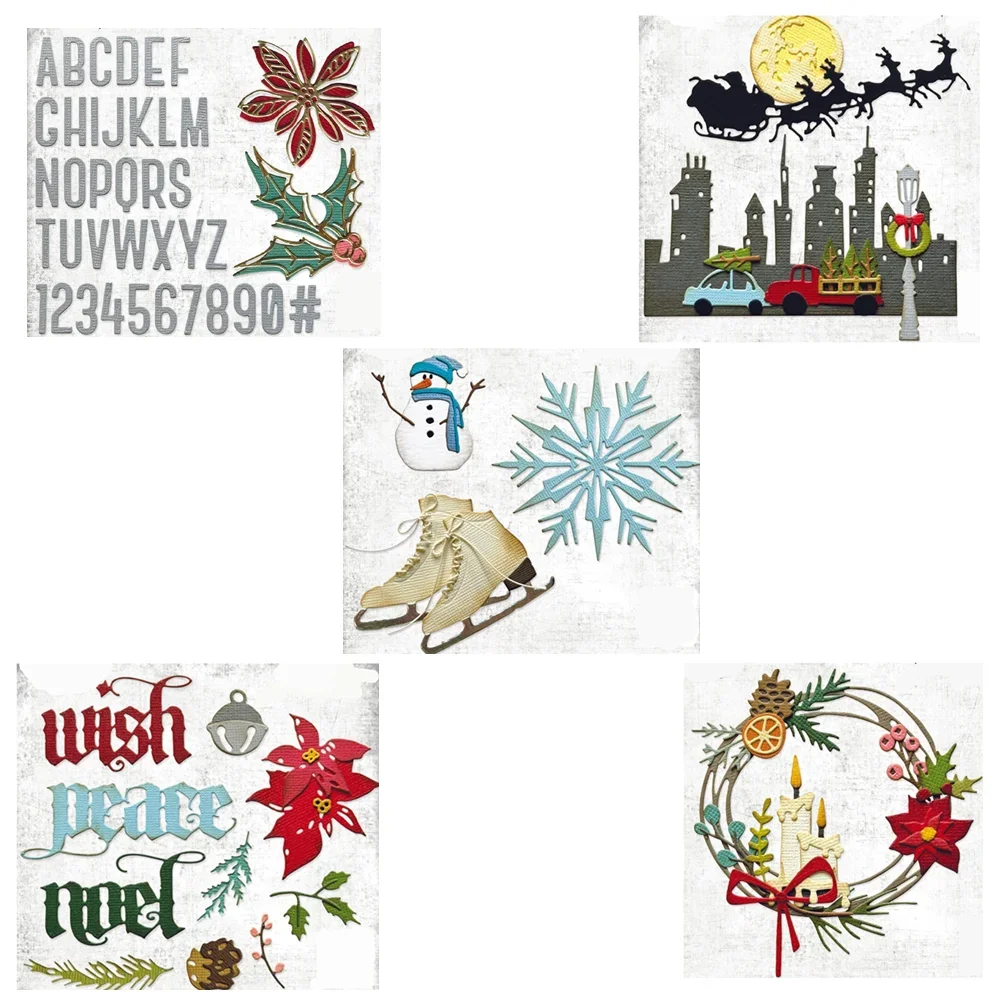 Christmas Magic Snowflake Skiing Festive Wreath Cutting Dies for Scrapbooking Supplies New Paper Making Frame Craft Card