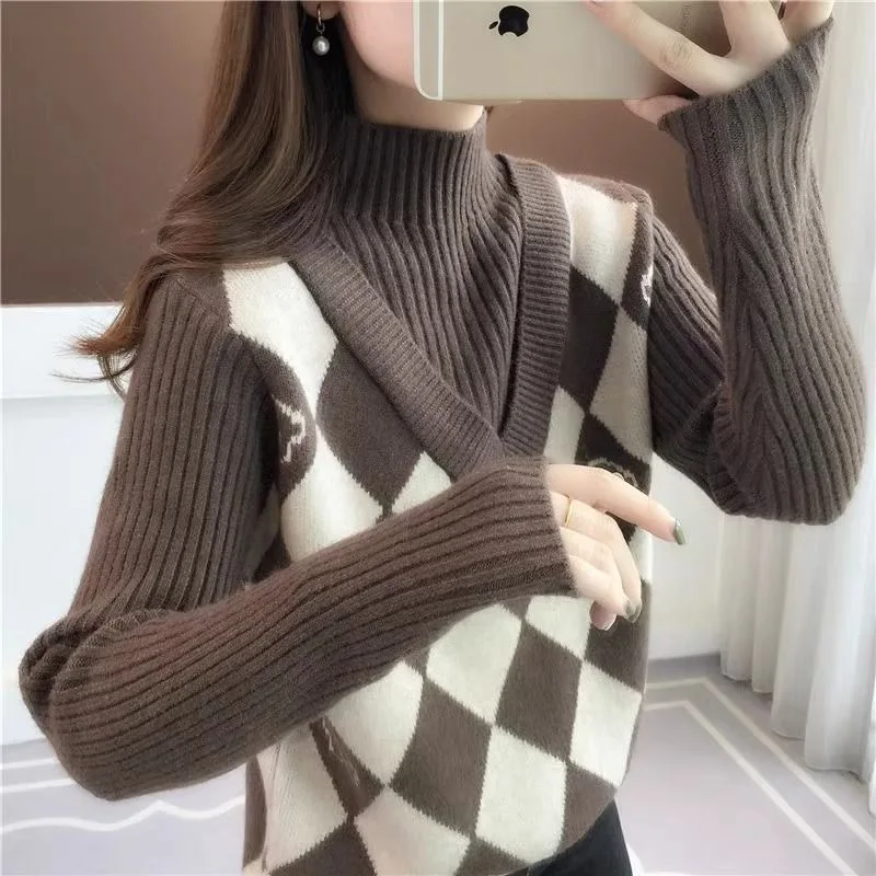 

Fdfklak Autumn Winter Square Sweater Luxury Jumpers Women Fake Two Pieces Pullovers Knitwear Korean Style Loose Pull Femme 3XL