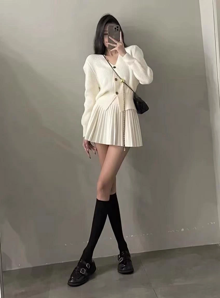 Casual Knitted 2 Piece Set Single Breasted V-neck Top + High Waist Mini Pleated Skirt Autumn Spring Korean Fashion Solid Outfits