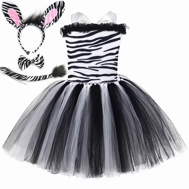 thumbnail image 1 of Disfraz de cebra para niños, disfraz de Halloween, traje de tutú con rayas blancas y negras para fiesta de cumpleaños, ropa elegante para niñas, 1 of 5