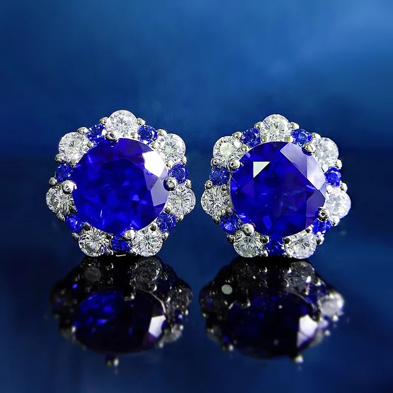 

Flower Sapphire Diamond Stud Earring 100% Real 925 sterling silver Promise Wedding Earrings for Women Bridal Party Jewelry Gift