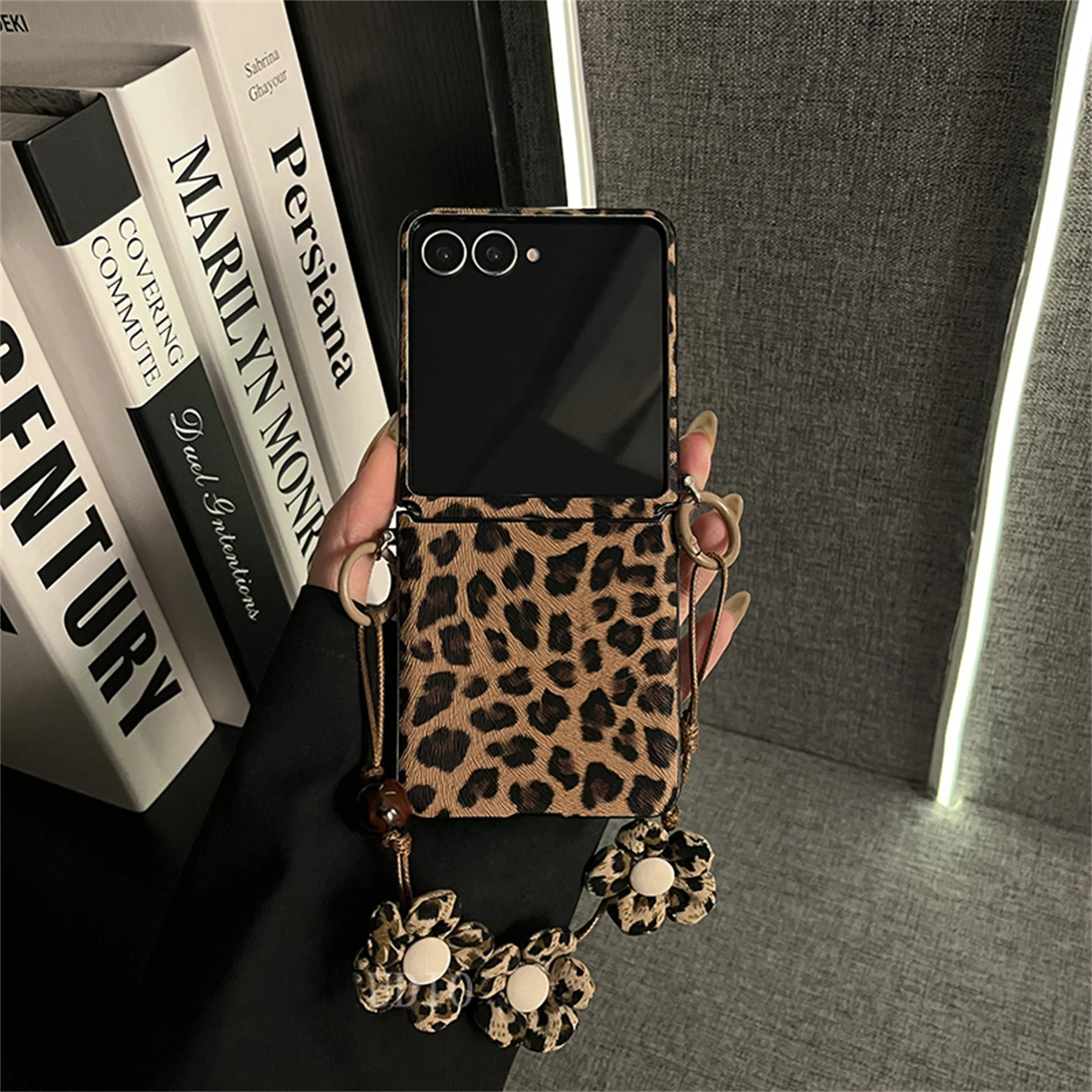 Stylish Leopard Print Phone Case with Floral Strap in Brown