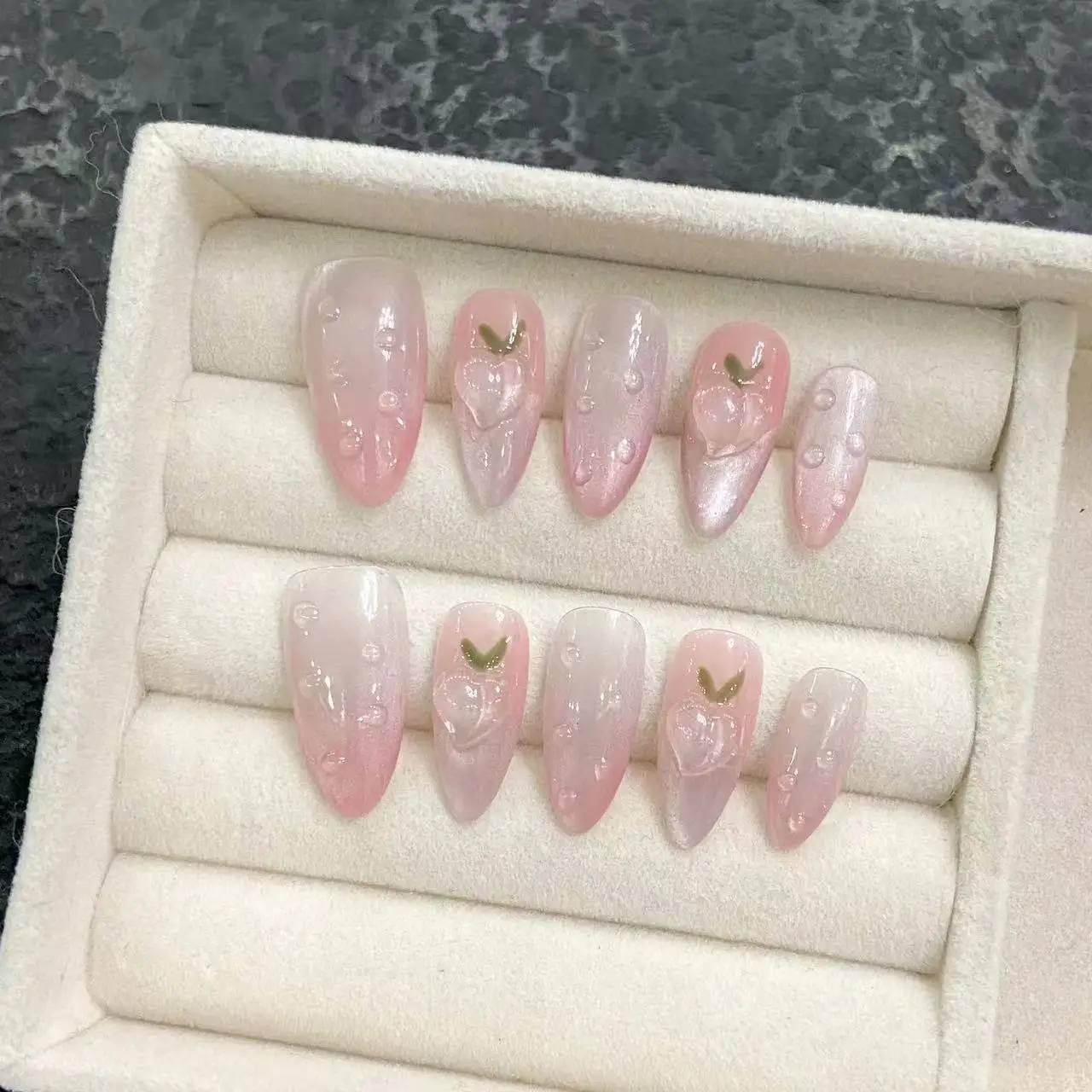 

10PCS Handmade Summer Peach Decor Fake Nails Press On Long Almond Nails Pink Gradient Sweet French False Nails Round Wearable