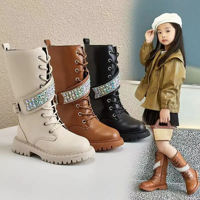 Girls' High Boots Autumn New Fashion Rhinestone Design Children's Stage Show Long Boots Girls' English Princess Shoes