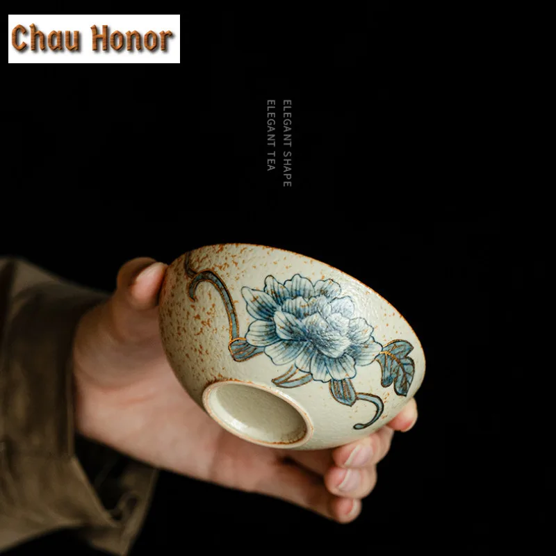 100ml Blue And White Flint Red Ceramic Teacup Handmade Gold Drawing Peony Host Cup Personal Puer Tea Bowl Chazhan Drinkware Gift