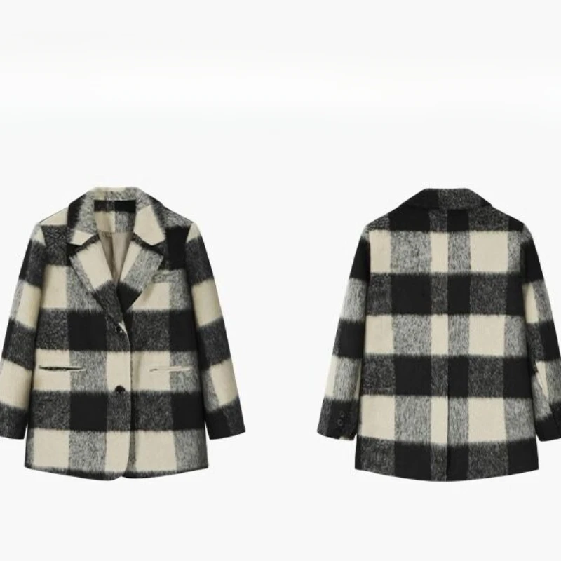 Jacket Black and White Plaid Suit Woolen Short Thickened Suit Collar Coat Women's Autumn Winter High-Grade Warm Single-Breasted