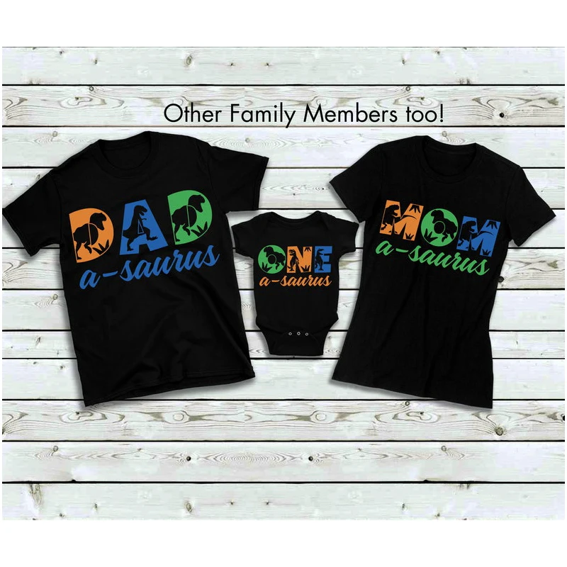 Birthday T-shirt Dinosaur 1st Birthday Family on Black Shirts-Dino 1st Boy Mama Saurus Daddy Green Orange BlueT Shirt