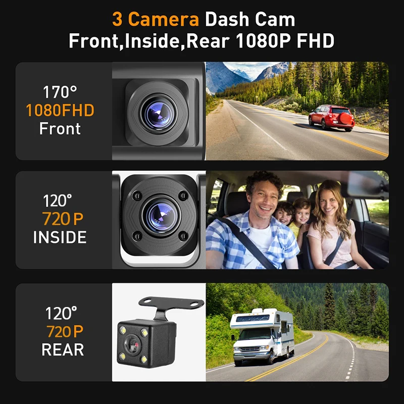 3-Channel Car DVR 1080P Dash Cam for Cars Video Recorder Dual Len Dashcam Rear View Camera for Vehicle Car accessory