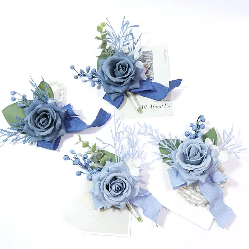 

2pcs Wedding Wrist Corsage And Boutonniere Set ForBride,Bridesmaid,Man,Groom,Blue Rose Wedding Flowers Vintage Country Wedding