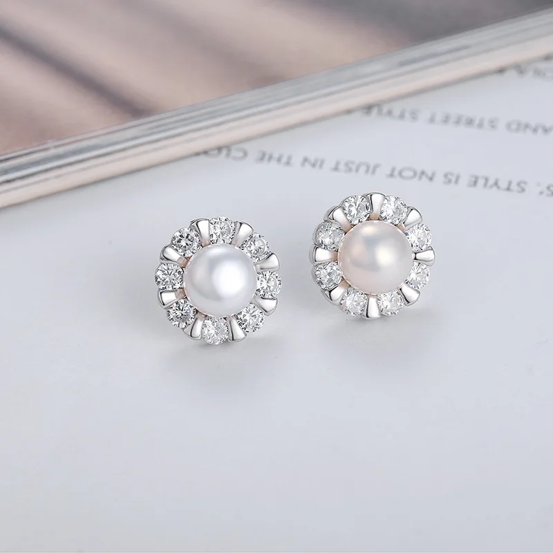 

S925 Sterling Silver Sunflower Micro Inlaid Zircon Freshwater Pearl Stud Earrings Women's Versatile Fashion Jewelry Couple Gift