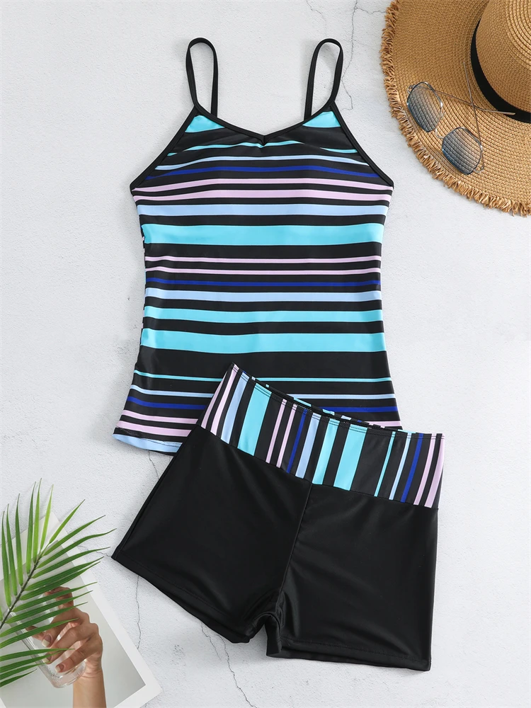 

2 Piece Swimsuit Women 2024 New Striped Solid Bikinis Set Sexy High Waist Swimwear Summer Tankini Beachwear Bathing Suit Female