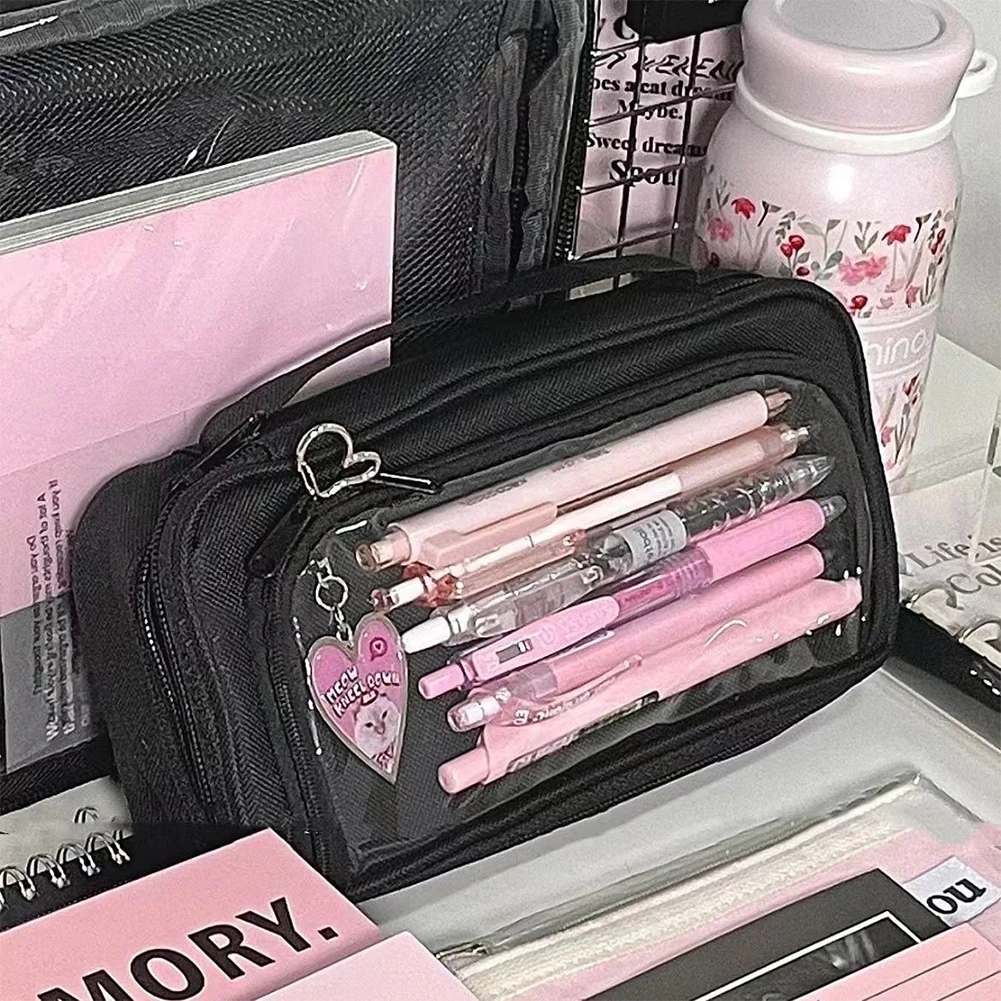 

Transparent Visual Window Canvas Pencil Case INS Large Capacity Zipper Student Stationery Box Black College Style Pencil Bag
