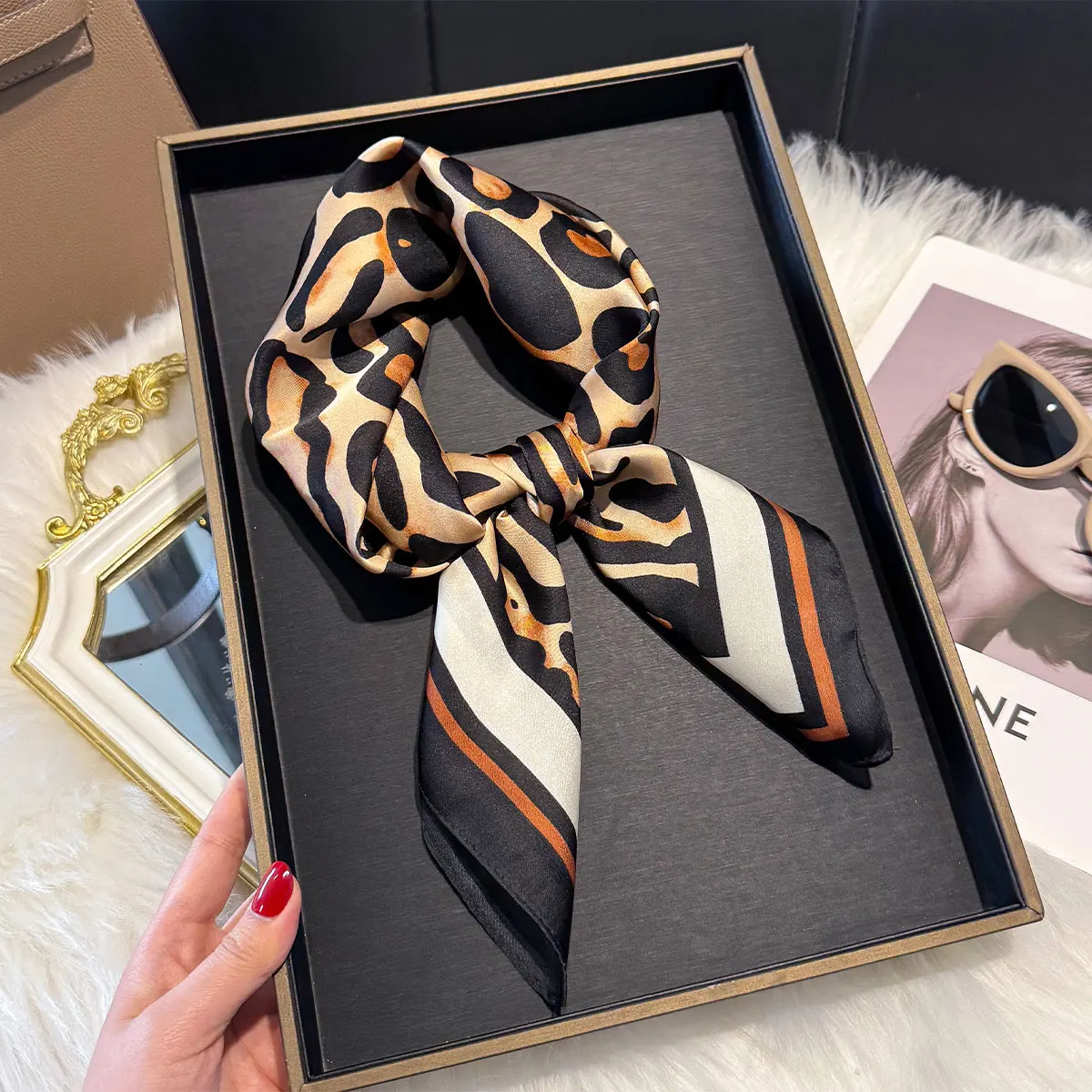 Luxury Leopard Print 70*70cm Square Scarf Women Soft Satin Hairband Neckerchief Tie Female Headband Foulard Mother's Day Gift