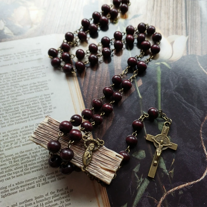 Rufous Colored Wooden Beads Rosary Necklaces with Jesus for Cross catholic rosary necklace wood cross