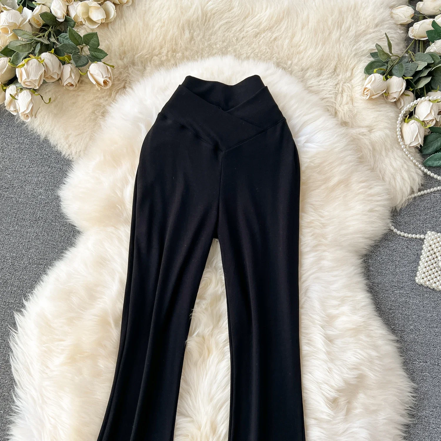 Women Solid High Waist Flare Pants Wide Leg Korean Fashion Elegant Casual Vintage Autumn Streetwear Clothing