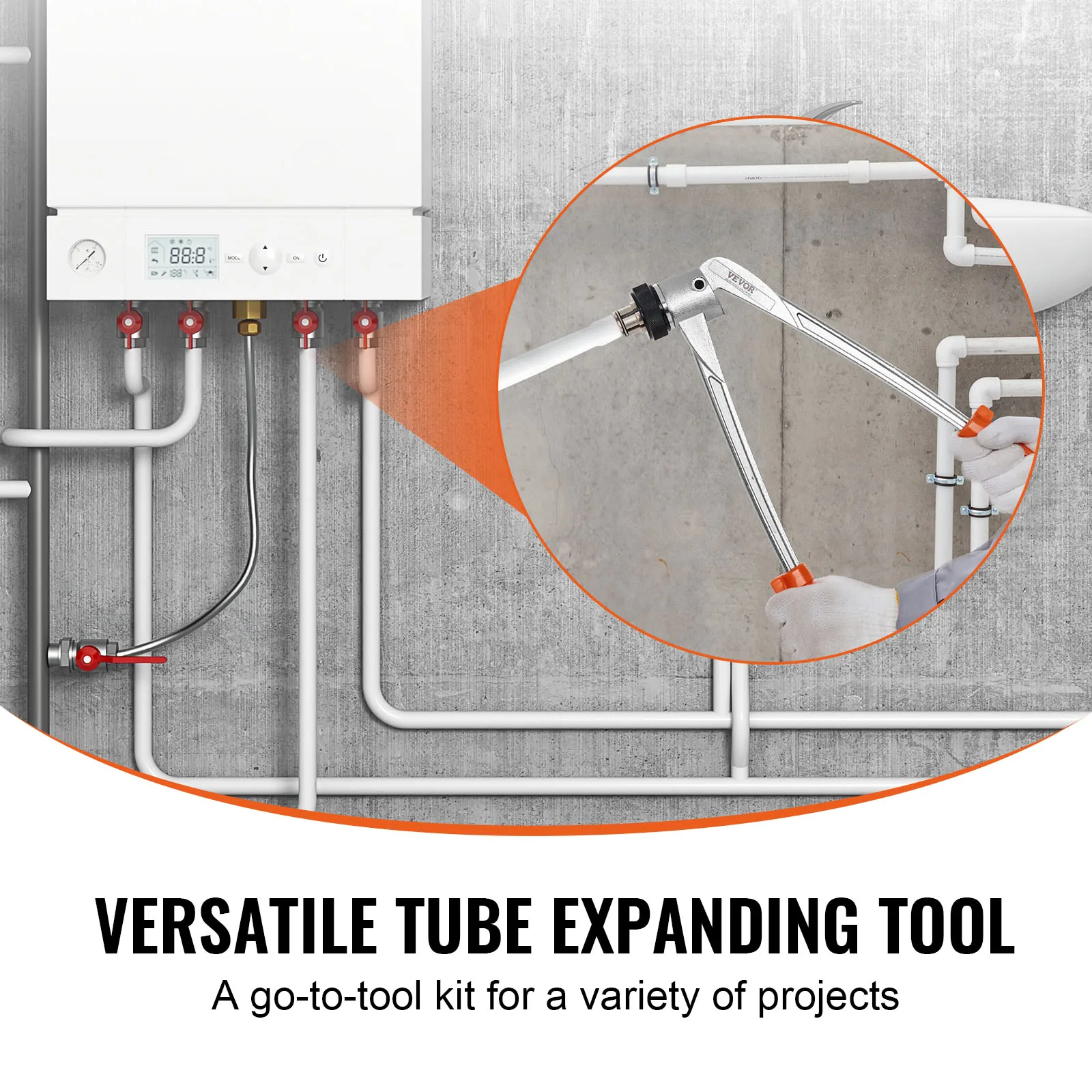 VEVOR Pipe Tube Expander Manual Hydraulic PEX Tubing Expanding with 3 Expansion Heads Pipe Cutter Tool for Copper Pipe Repairing 6