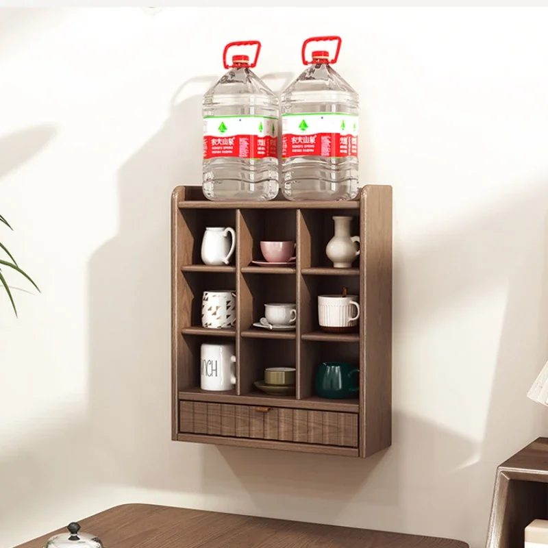 Rubberwood Cup Storage Rack Durable Wall-Mounted Shelf Dust-Proof Grid Cup Display Tea Cup Organizer with Drawer
