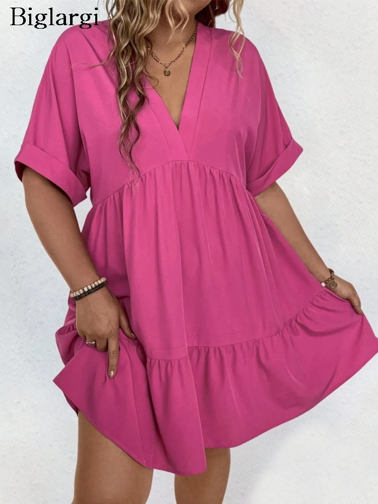 

Мини-платье женское с V-образным вырезом, свободное Плиссированное модное Повседневное платье-трапеция с оборками и коротким рукавом, большие размеры, весна-лето